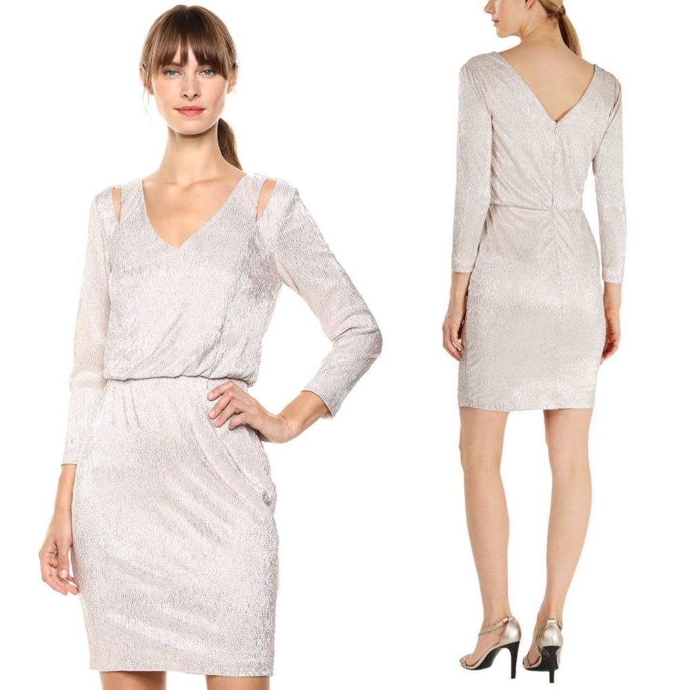 Calvin Klein Metallic Silver Long Sleeve V-Neck Cocktail Dress